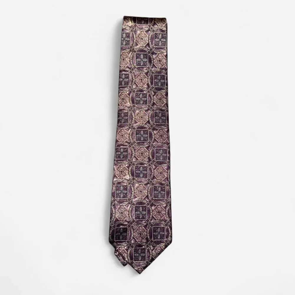 Vintage 90s Bill Blass Purple and Tan Geometric Print Neck Tie